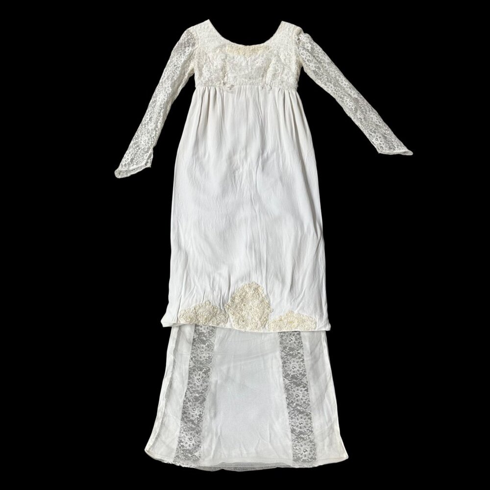 Vintage Wedding Dress Short 1960s Aldens Union Made White Lace Detachable Train - Picture 2 of 13
